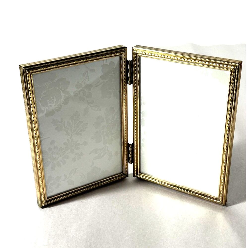Vintage Photo Frame Double Hinged Bifold Embossed Gold Toned 3.5"x5" Pictures